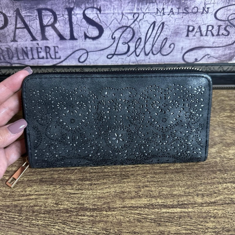 Maurices Laser Cut Boho Zip Around Wallet Dark Gray with Silver Sparkles